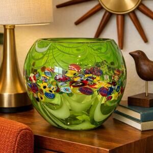 Murano Millefiori Latticino Bowl Vase Fratelli Toso Art Glass Green Multicolor